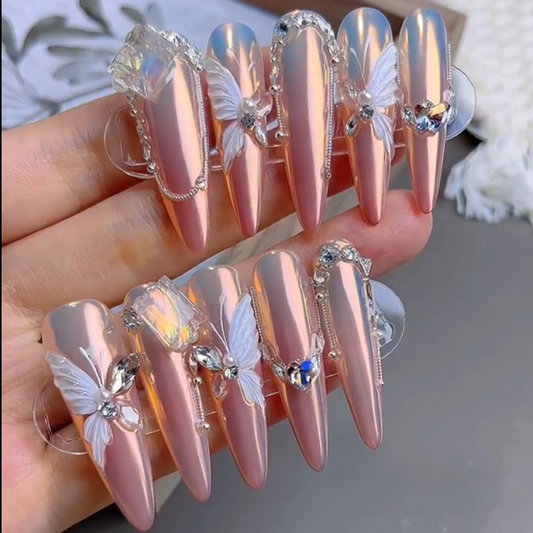 100% Hand Made False Nail Tips（Magic Mirror Butterfly）