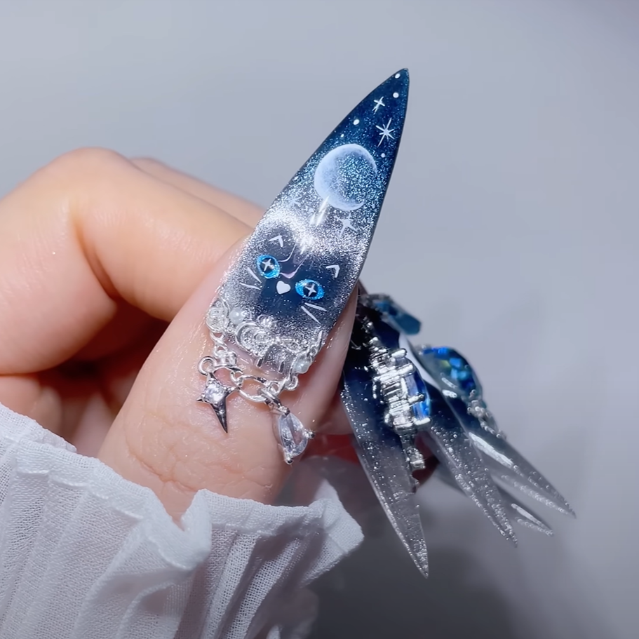 100% Hand Made False Nail Tips（Deep Blue Night Sky）