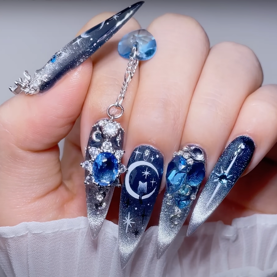 100% Hand Made False Nail Tips（Deep Blue Night Sky）